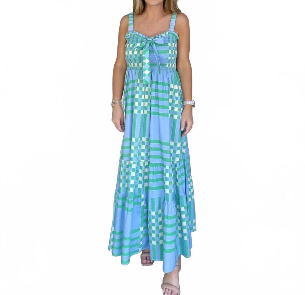 NEW PEACH LOVE poppy plaid midi dress in blue